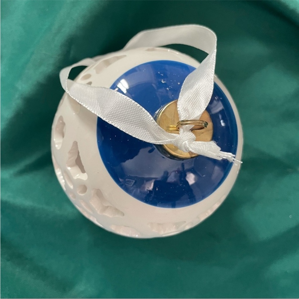 Blue and White Ornament with Ribbon